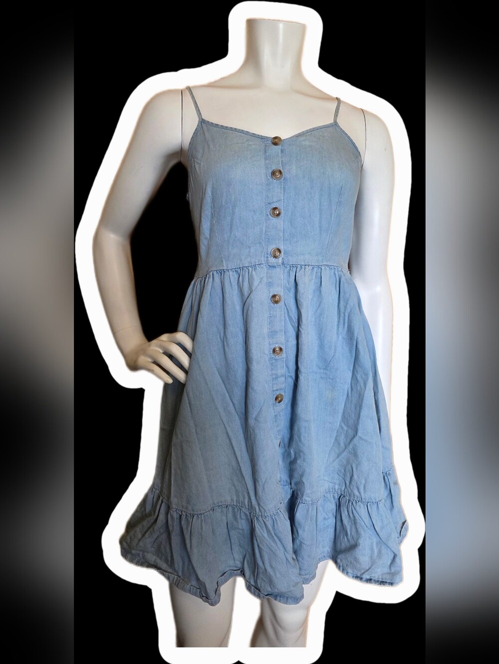 Light Blue Denim Button-Front Spaghetti Strap Dress